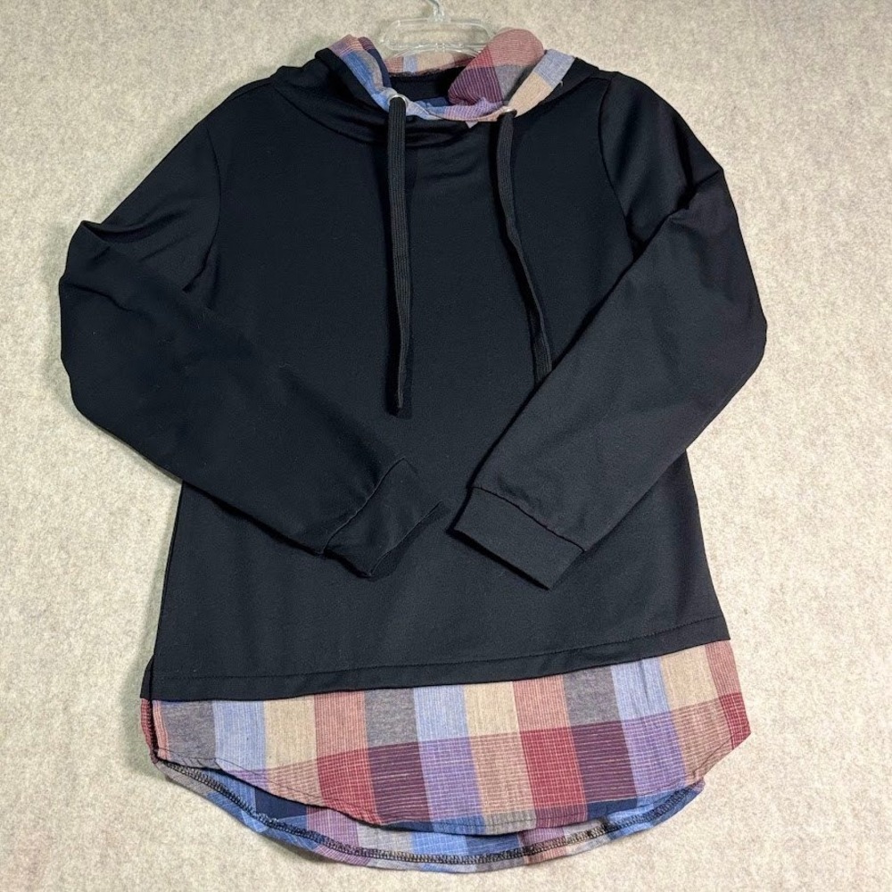 DJT Hoodie Pullover Womens Size M Black Plaid Layered Look Long Sleeve Casual